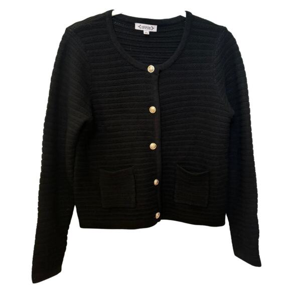 Nanette Lepore Black Knit Cardigan Small Gold Buttons Pockets Designer Sweater - Picture 1 of 3